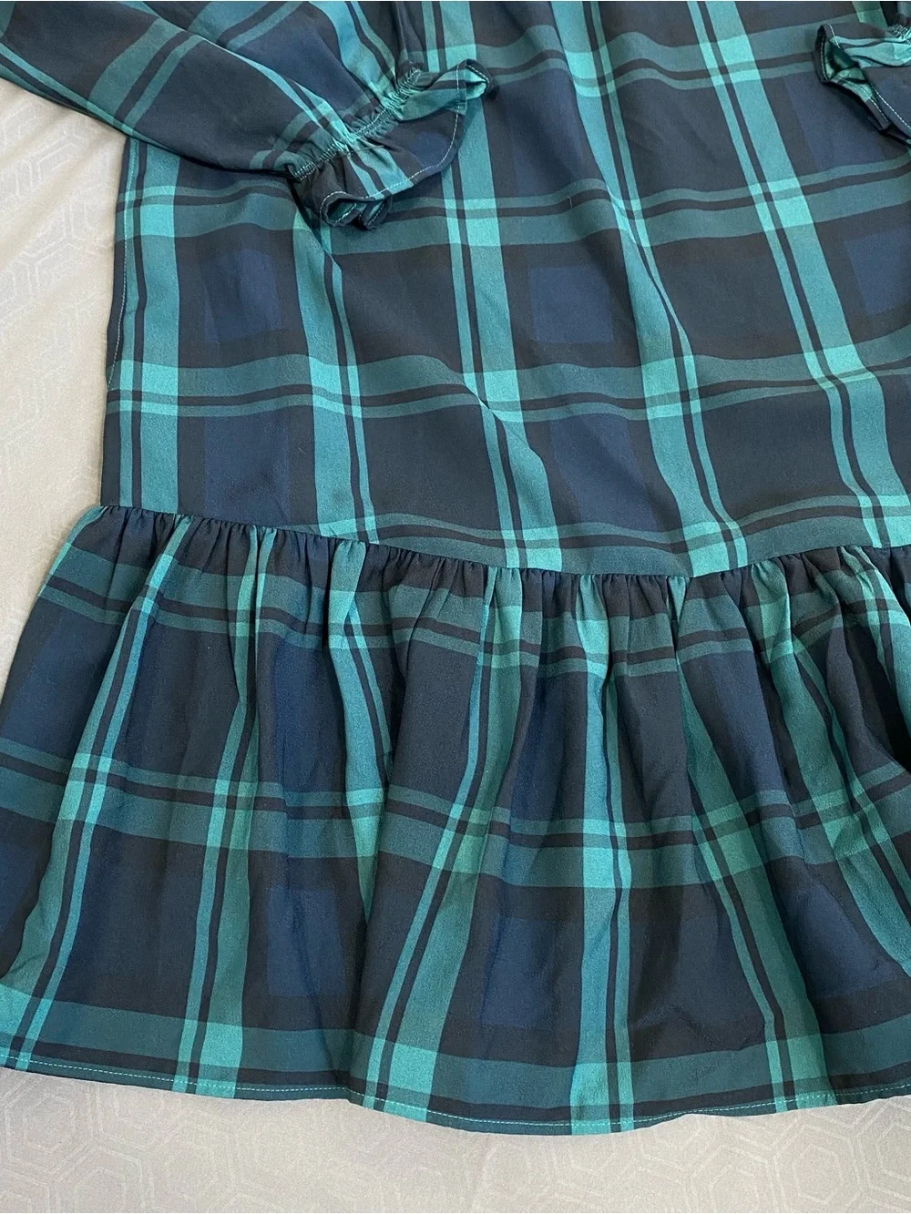 J. Crew Dark Green and Navy Plaid Long-Sleeve Ruffle-Hem Dress size Large